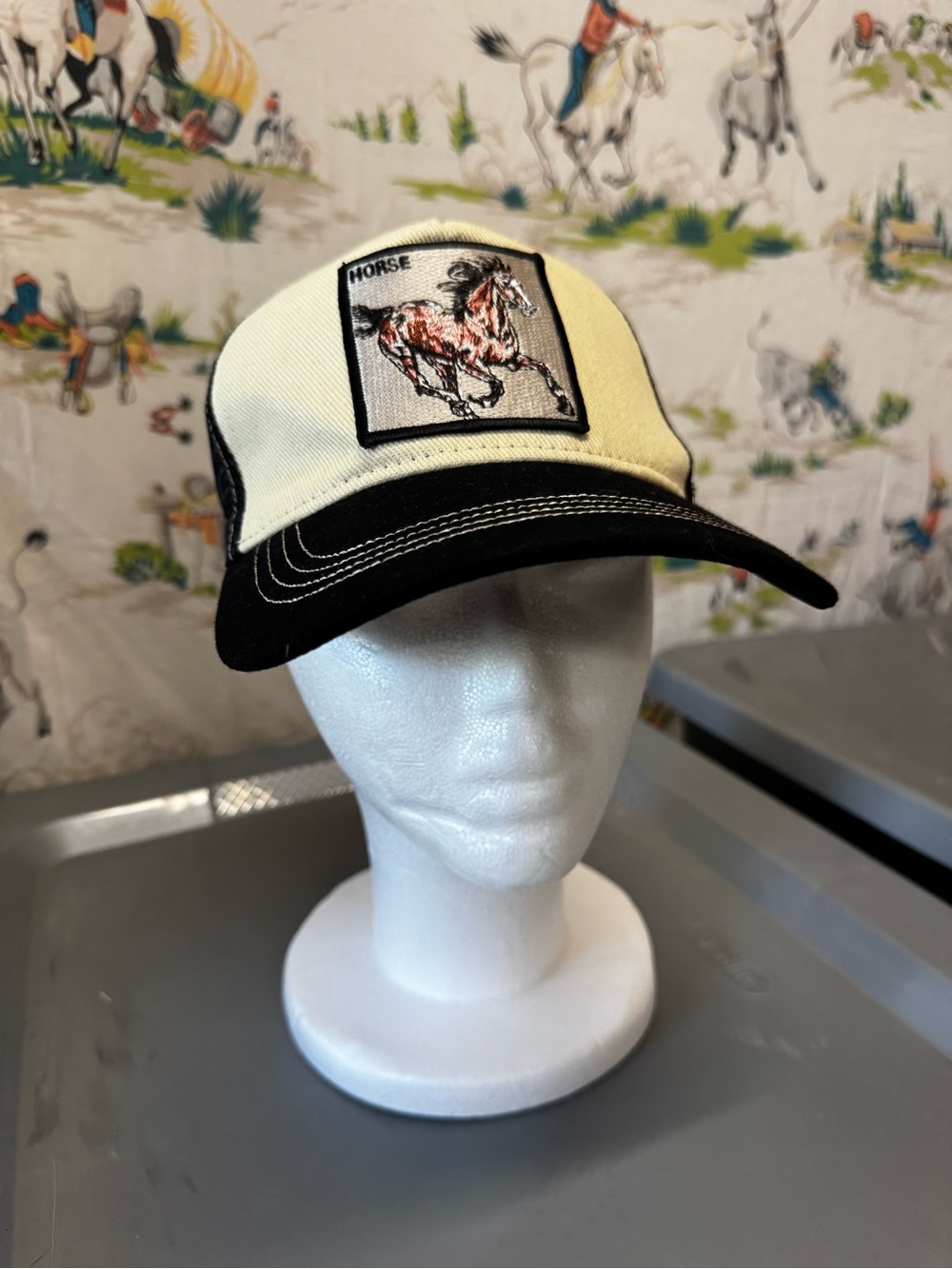 Horse Patch Trucker Cap - Black & Cream SnapBack style